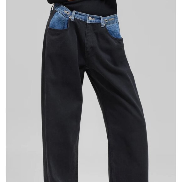 Edition Contrast Waist Jeans Black Denim Pants M/L 100% Cotton Y2K Style - Picture 1 of 15